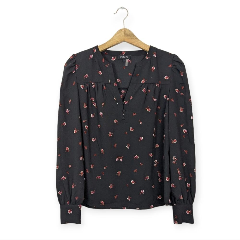 1 State Floral Blouse S Black Ditsy Print Long Sleeve Feminine NWT